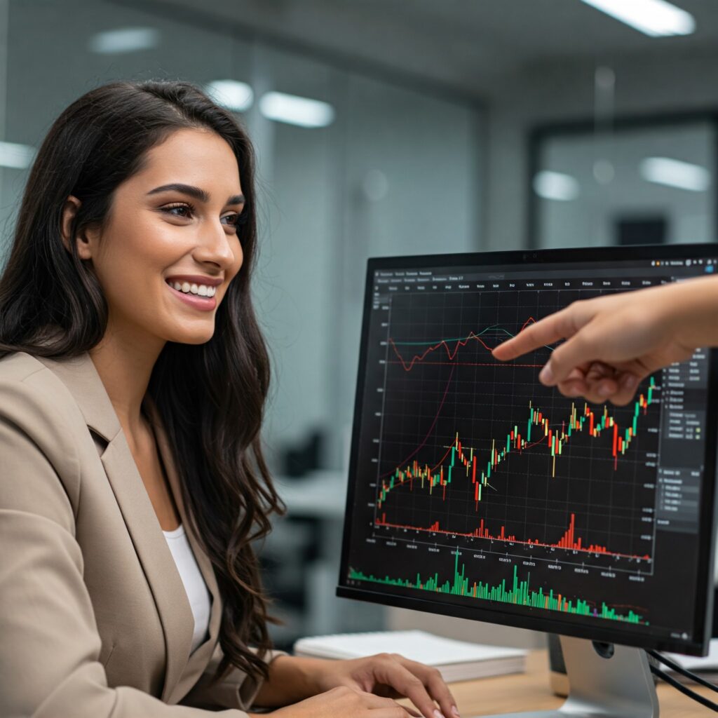 Investidora observando dados do mercado financeiro.