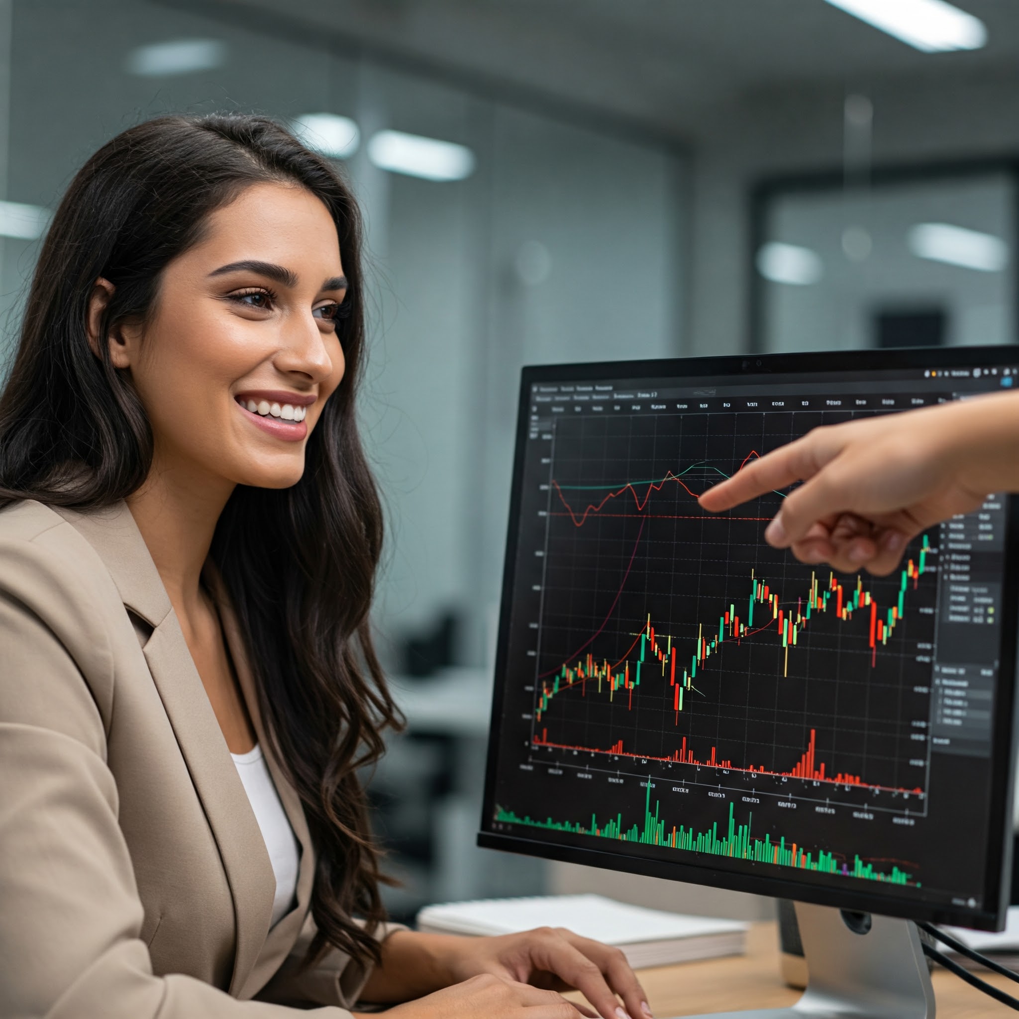 Investidora observando dados do mercado financeiro.