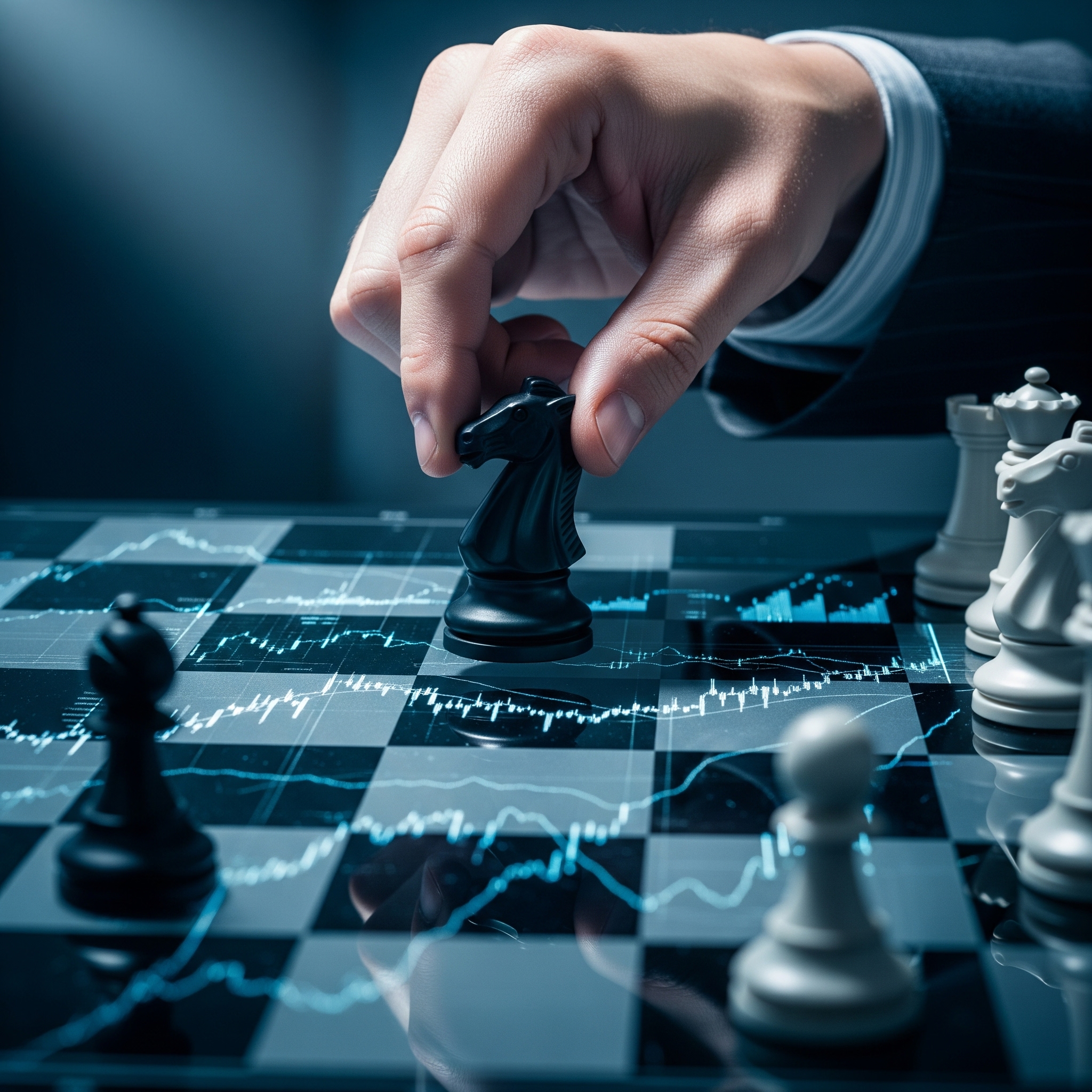 Estratégia de investimentos: Mão movendo uma peça de xadrez sobre um tabuleiro que reflete gráficos do mercado financeiro.