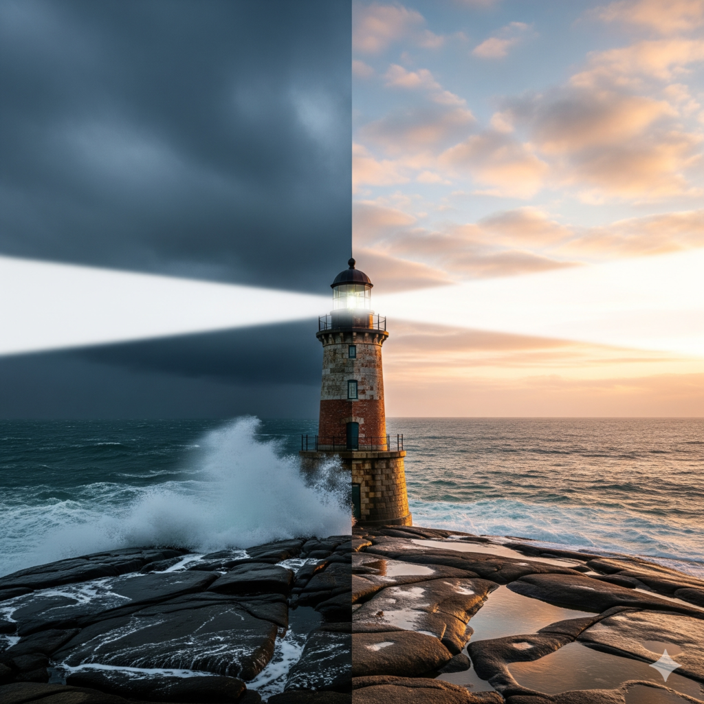 Um farol robusto em uma costa rochosa, simbolizando uma estratégia de investimento firme. Metade da imagem mostra um mar tempestuoso, representando a cautela, e a outra metade um mar calmo ao nascer do sol, representando a oportunidade.
