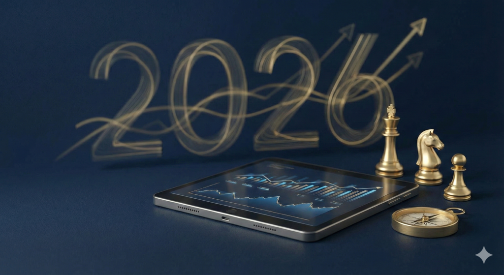 Fotografia editorial elegante e minimalista sobre um fundo azul-marinho texturizado. Em primeiro plano, um tablet exibe gráficos financeiros azuis e dourados com tendência de alta. Ao lado do tablet, três peças de xadrez douradas (rei, cavalo e peão) e uma bússola dourada simbolizam estratégia, planejamento e direção. No fundo desfocado, o número '2026' é formado por rastros de luz dourada entrelaçados com setas ascendentes, representando a transição econômica e o futuro