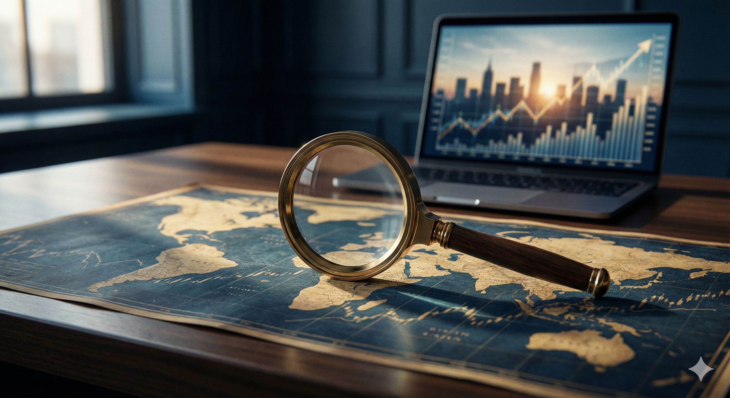 Fotografia sofisticada em uma mesa de escritório de madeira. Em primeiro plano, uma lupa com aro de bronze e cabo de madeira repousa sobre um mapa-múndi antigo de tons azuis e dourados. Ao fundo, um notebook aberto exibe um gráfico financeiro de barras com uma seta de tendência de alta, sobreposto à imagem de um nascer do sol sobre o horizonte de uma cidade. A luz natural vem da esquerda, destacando os objetos e transmitindo a ideia de análise estratégica e futuro promissor