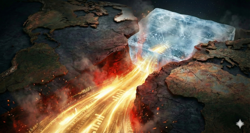 Fluxo de dados dourados e fogo entre continentes rachados atingindo um grande bloco de gelo.