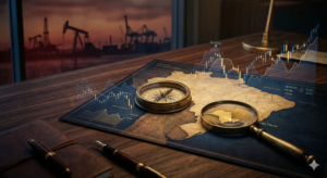 Fotografia de uma mesa de escritório em tom de madeira escura. Sobre ela, um mapa do Brasil estilizado com uma bússola antiga e uma lupa que foca em uma região específica. Acima do mapa, flutuam gráficos financeiros em formato de holograma. Ao fundo, através de uma janela, vê-se a silhueta de torres de extração de petróleo contra um céu avermelhado e tenso.